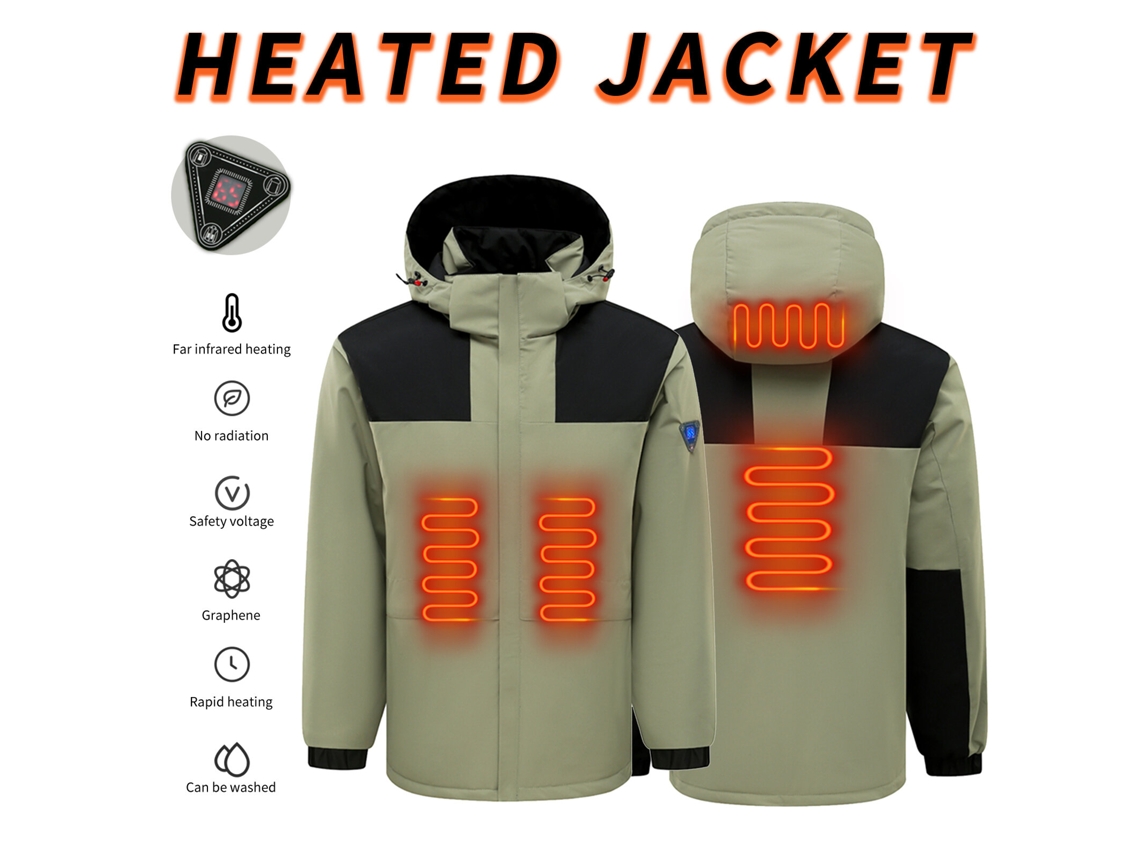 Tengoo Hj-04g Jaqueta Corta-vento Unissex 4 Áreas 3 Níveis Aquecimento Gola Alta Capuz Vento Caminhadas Esportes Inverno