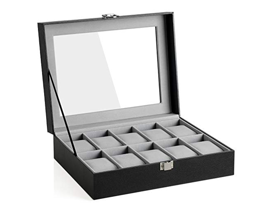 Elegante caja para relojes de 10 ranuras con tapa de cristal y cojines PRICENET