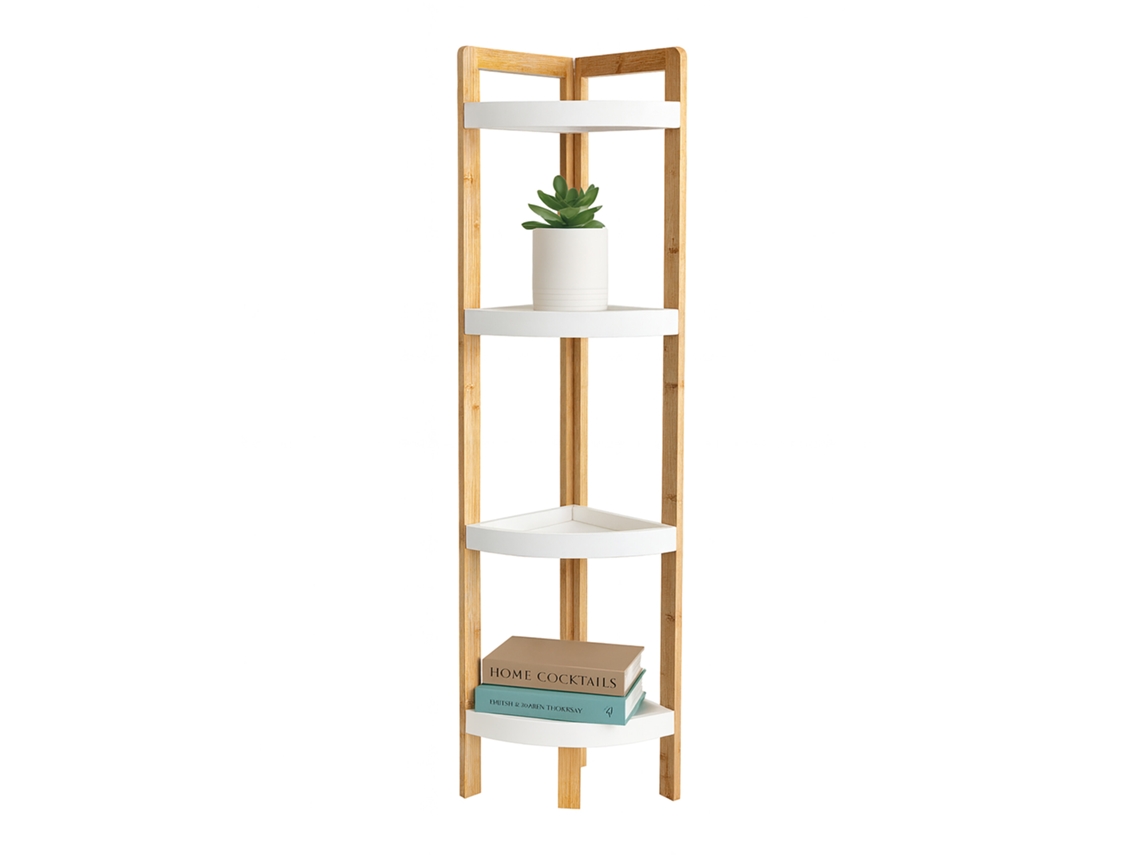 Relaxdays Estante De Canto Bambu, 4 Prateleiras Meia-lua, 105,5x23x23 Cm, Para Banheiro E Cozinha, Natural/branco