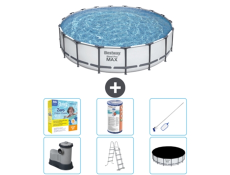 Piscina BESTWAY Round Steel Pro MAX - 549 x 122 cm - Gris - Bomba incluida - Escalera - Cobertor Paquete de mantenimiento - Filtrar - kit de limpieza