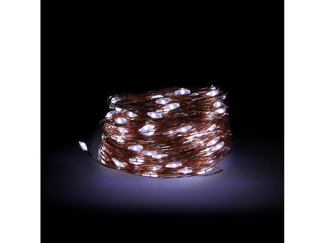 Luces navidad 100 microleds blanco frio, cable color cobre funcionamiento a bateria (3 aa no incluidas) o con cable usb. ip44