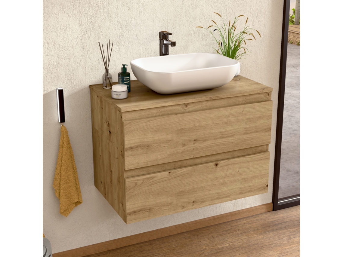 Mueble de lavabo con lavabo cerámico, mueble montado con 2 cajones, de 100 x 55 x 46 cm, acabado Roble Bellobath.