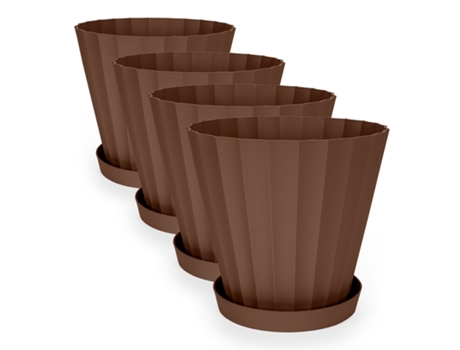 Macetas para Plantas PLASTIKEN Redonda con Platos Incluidos (4 Un - 8L - Marrón - 32 x 32 x 29 cm)