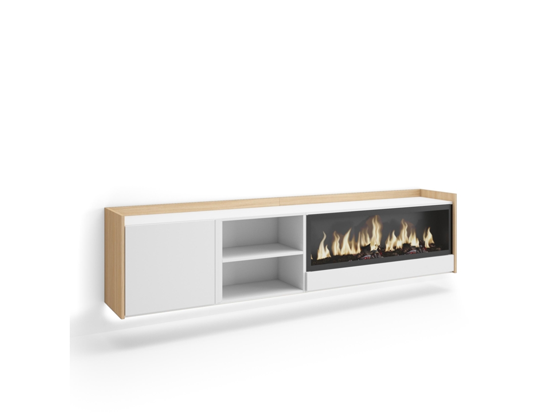 Mueble Tv, Televisión, 212x35x50cm, Para Tv Hasta 80", Chimenea Eléctrica Xxl, Colgado, Suspendido, Led, Blanco Y Roble Soft