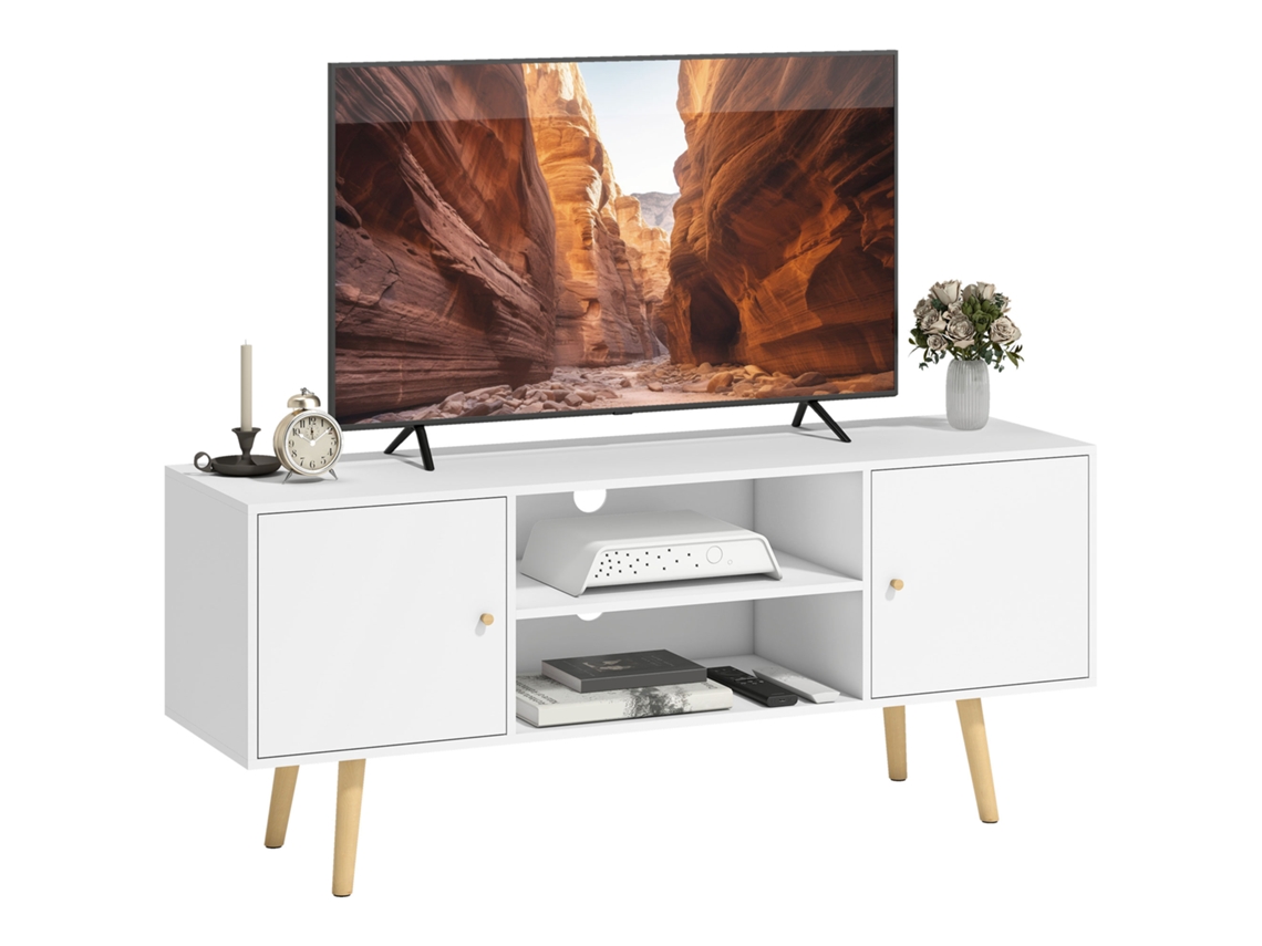 Mueble Tv Escandinavo 120cm 2 Puertas 2 Estantes Gestión Cables Blanco