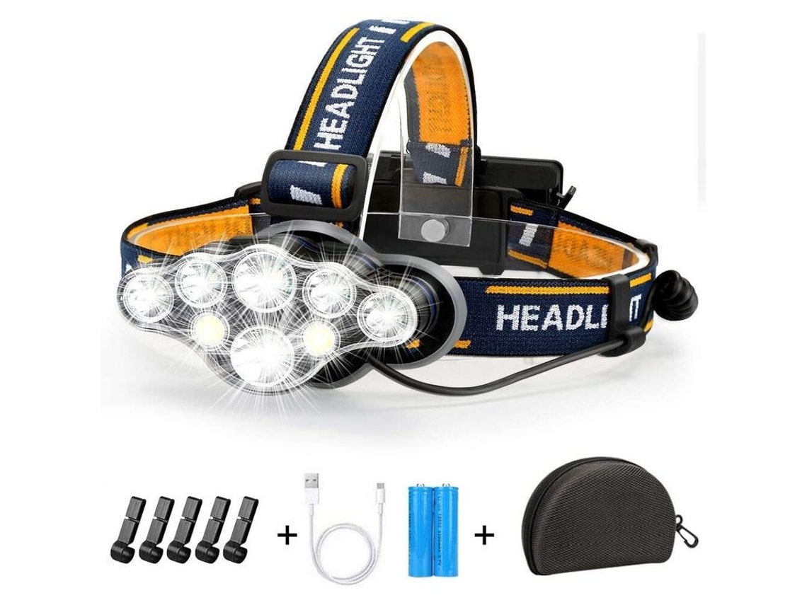 Linterna frontal LED recargable, 8 LED, 18000 lúmenes, resistente al agua y ligera, ideal para acampar, pescar y hacer senderismo.