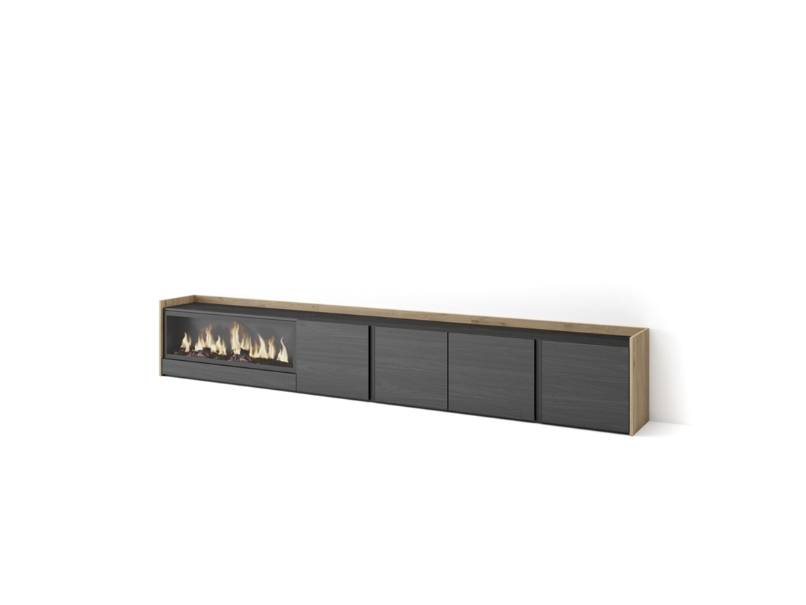 Mueble Tv, Televisión, 315x35x50cm, Para Tv Hasta 80", Chimenea Eléctrica Xxl, Negro Y Roble