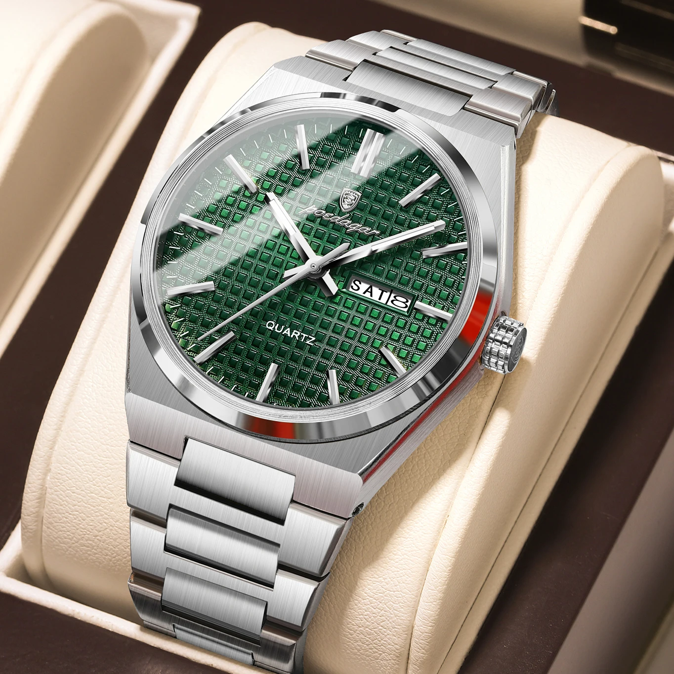 Reloj De Pulsera Informal De Cuarzo Para Hombre (caja Plateada, Esfera Verde), Con Indicador De Fecha Y Día, Resistente Al Agua Y Luminoso.