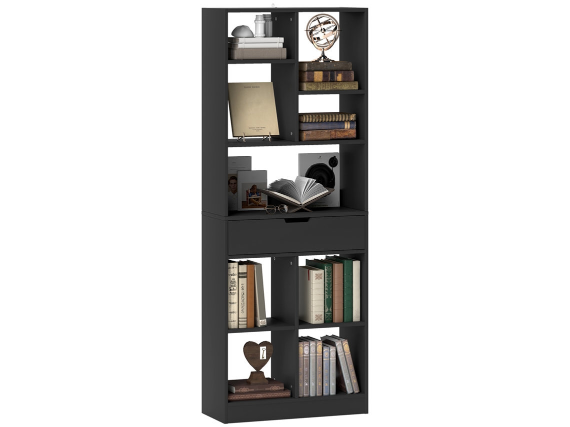 Librería Moderna De Madera Con Cajón Central Y Sistema Antivuelco, 60x26x158 Cm, Negra.