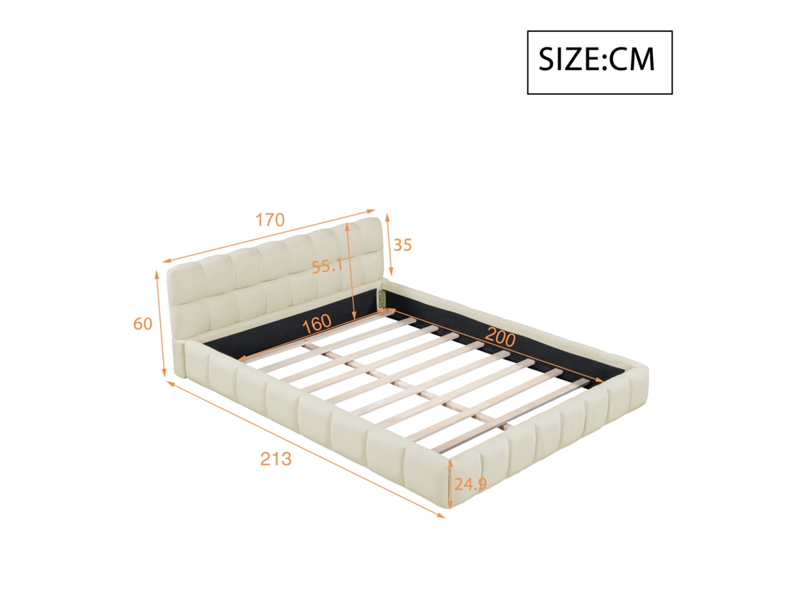 Cama Doble De 160x200 Cm, Beige Con Encaje De Lino, Colchón No Incluido, Rosahqnda