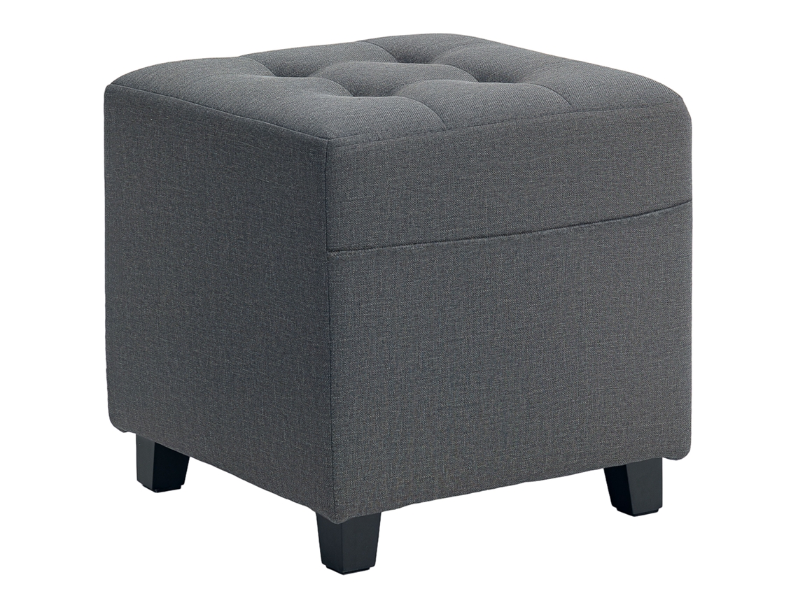 Taburete Bajo De Lino Con Bolsillo Lateral Y Botón Gris.