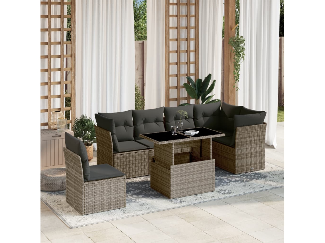 Conjunto de sofá de jardín de 7 piezas con cojines, mimbre gris, DKD Home Decor