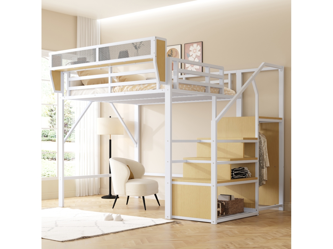 Cama Metálica De 140x200 Con Escalera De Seguridad Modular, Color Blanco.