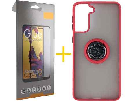 Carcasa y Protector de Pantalla de Vidrio Full Samsung S21 Plus SKYHE Gel Bumper Ring Rojo