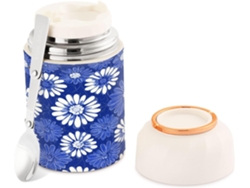 Tarro Térmico De Acero Inoxidable Doble Pared Con Cuchara, Estampado Floral Azul Y Blanco, 500 Ml Grado A...