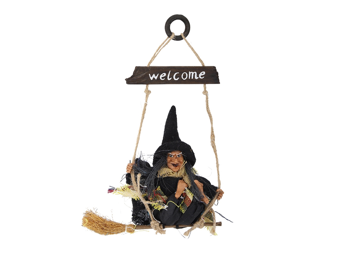 Baok - Bruja voladora colgando de una escoba, decoración de puerta de Halloween (Negro)