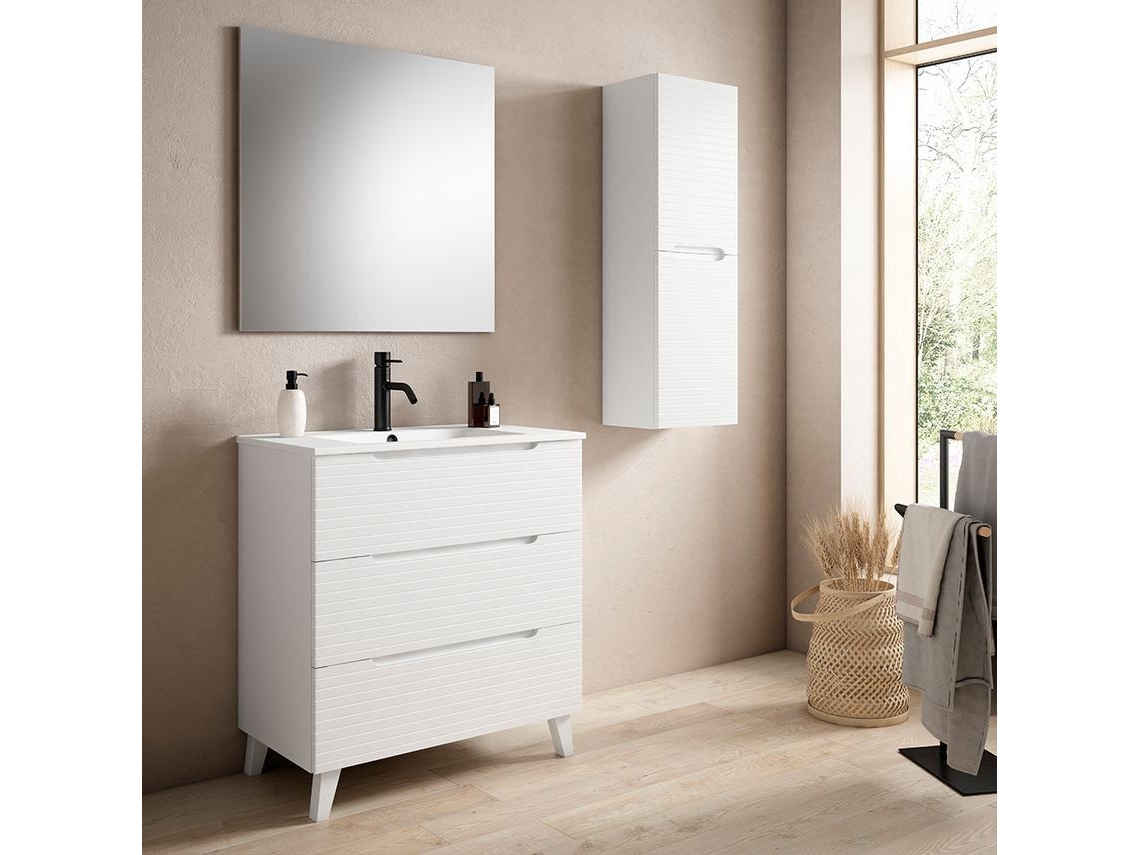 Mueble de baño con Lavabo, Espejo y Aplique LED BOREAL 100x45 cm acabado Blanco mate 3 cajones con patas