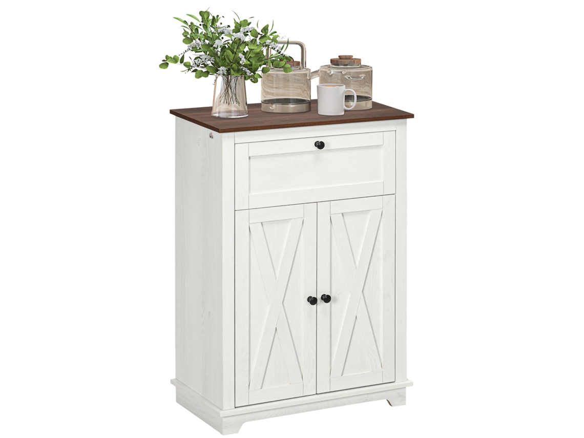 Aparador De Salón Con Doble Puerta, Cajón Y Estante Regulable, Blanco, 60x30x87,4 Cm.