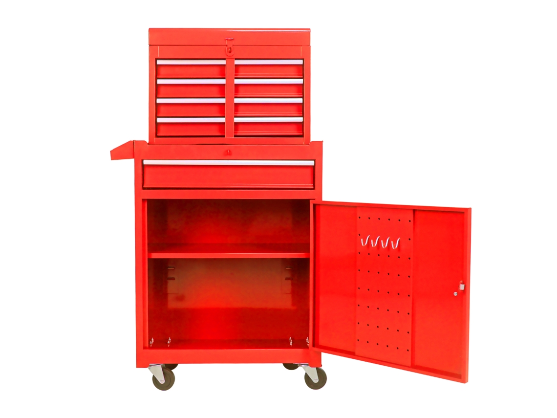Caja De Herramientas De 5 Cajones Con Ruedas Y Estantes, Tapa Roja.