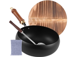 Sartén japonesa de hierro fundido Slowmoose de 24 cm, con tapa de madera.