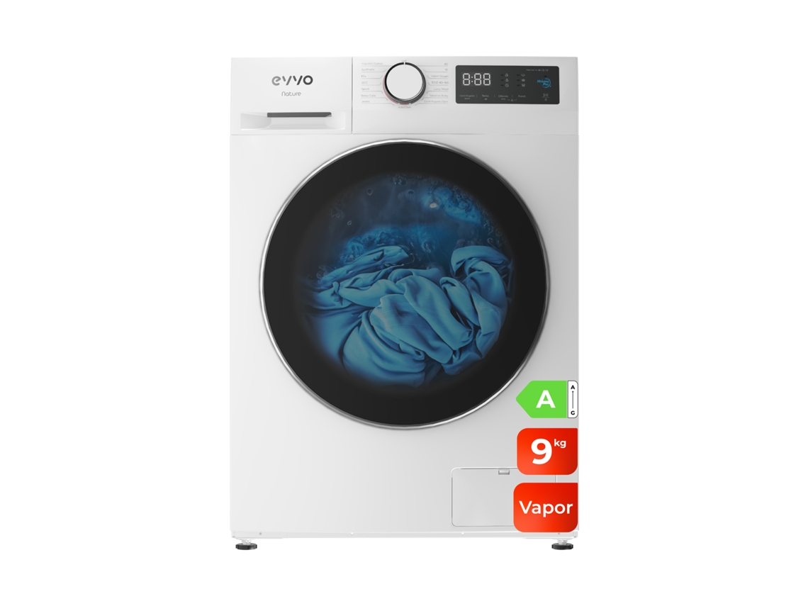 Evvo Lavadora Nature 9 9 Kg, 1350 Rpm, Clase A, Motor Inverter, Tambor Eprotect, Vapor Steam Wash, 15 Programas, 15’ Rápido, Blanco