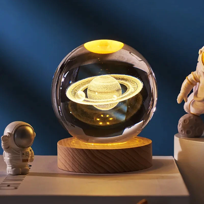 Lámpara de noche de cristal 3D Saturno, 6 cm, para decoración de dormitorio MDUG (luz cálida)