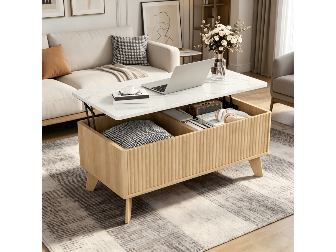 Mesa De Café Con Estantería, Mesa Rectangular Multifuncional Con Almacenamiento Oculto, Regulable En Altura Para Sala De Estar, 105x53x42cm