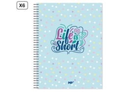 Paquete de 6 cuadernos A4 extra resistentes, 120 hojas, cuadriculados, diseño "La vida es corta"