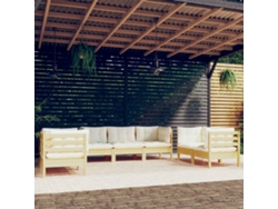 Conjunto 7 Peças Lounge Jardim C/ Almofadões Creme Pinho Maciço Dkd Home Decor
