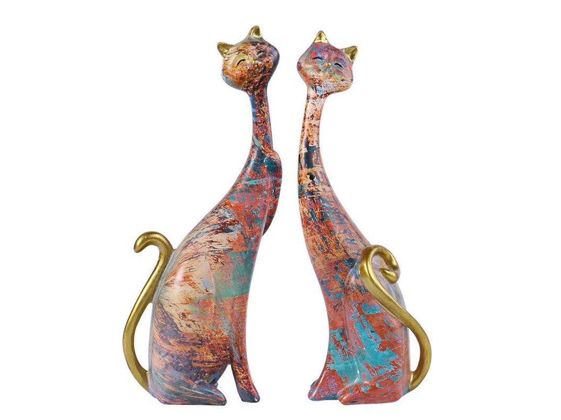 Escultura De Gato De Resina Con Pintura Al Óleo Para Decoración De Mesa O Estante - 2 Piezas