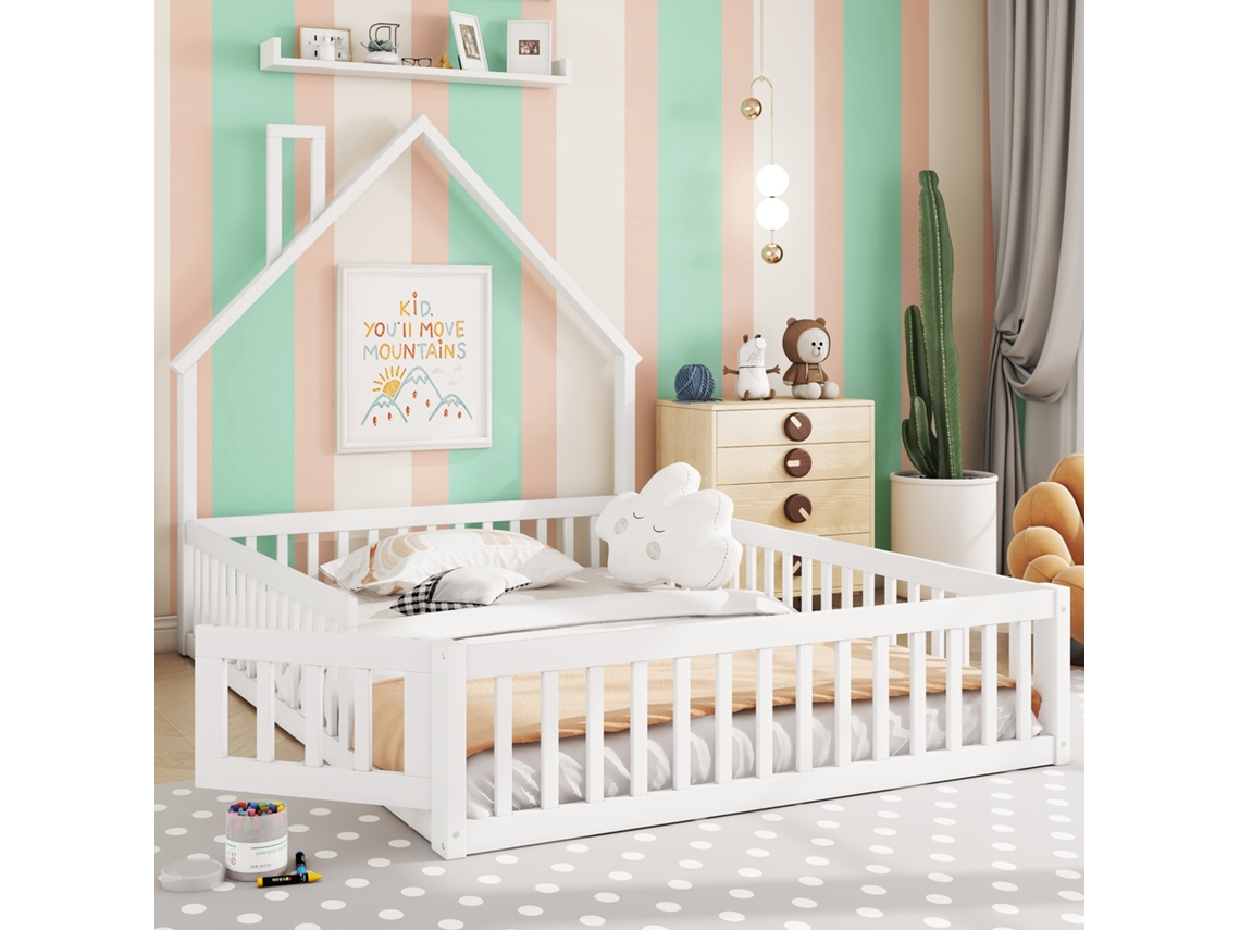 Cama tapizada de 140 x 200 cm, infantil con forma de chimenea, con estructura (sin colchón), estilo minimalista, color blanco