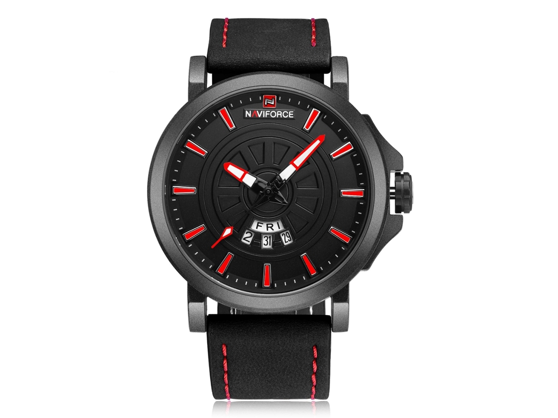 Reloj De Pulsera Naviforce Para Hombre, De Cuarzo Con Correa De Cuero, A La Moda, Resistente Al Agua, Negro Y Rojo.