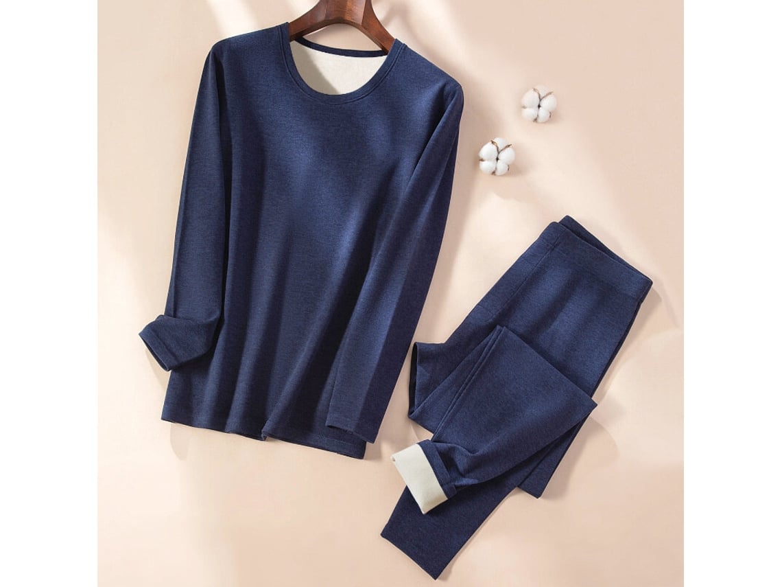 Navymtengoo Conjunto Térmica Invierno Hombre Capa Base Diaria Otoño Invierno Color Liso 2 Piezas Camiseta Manga Larga Cuello Redondo Pantalón