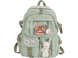 Mochila Escolar Kawaii Con Pins Y Accesorios Oso, Gran Capacidad, Multi Bolsillos (verde)