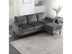 Sofá modular de 4 plazas con otomana, espacio de almacenamiento, reposabrazos con portavasos, bolsillo lateral, tejido de chenilla, color gris.