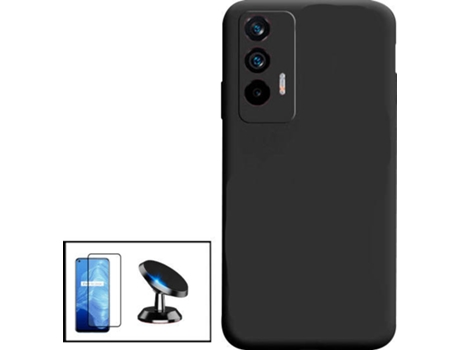 Kit Protector de Cristal Templado 5D Full Cover, Funda Silicona Liquida y Soporte Magnético de Coche Realme Q3 Pro 5G PHONECARE Negro