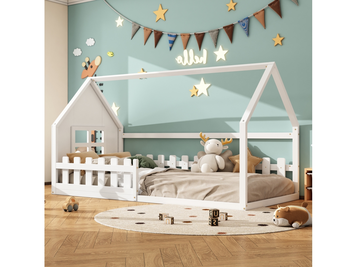 Cama Infantil Con Forma De Casita, De 90x200 Cm, Con Techo, Fabricada En Madera Blanca.