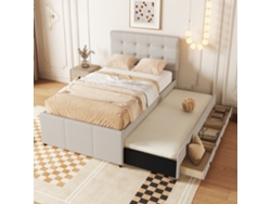 Cama Tapizada, 90x200cm (90x190cm), Cama Familiar, Cama Con Tres Cajones, Cama Nido Extensible, Cabecero Ajustable, Sin Colchón, Beige.