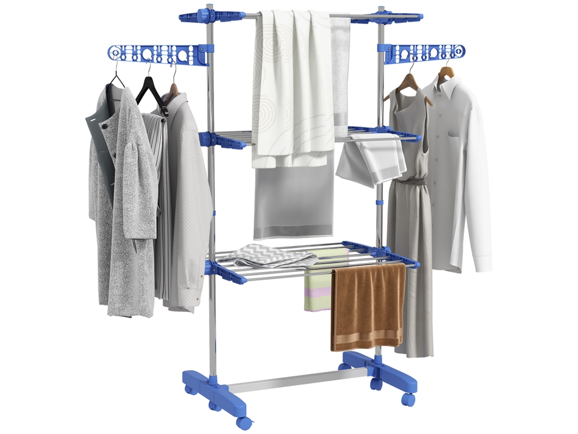 Varal de roupas vertical de 3 níveis com 6 rodízios, 2 laterais dobráveis, prateleiras ajustáveis, estrutura inox, azul | S/MARCA