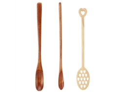 Juego De 3 Cucharas De Madera De Mango Largo Para Remover Café, Leche Y Miel: Planas, Delgadas Y Con Forma De Corazón.