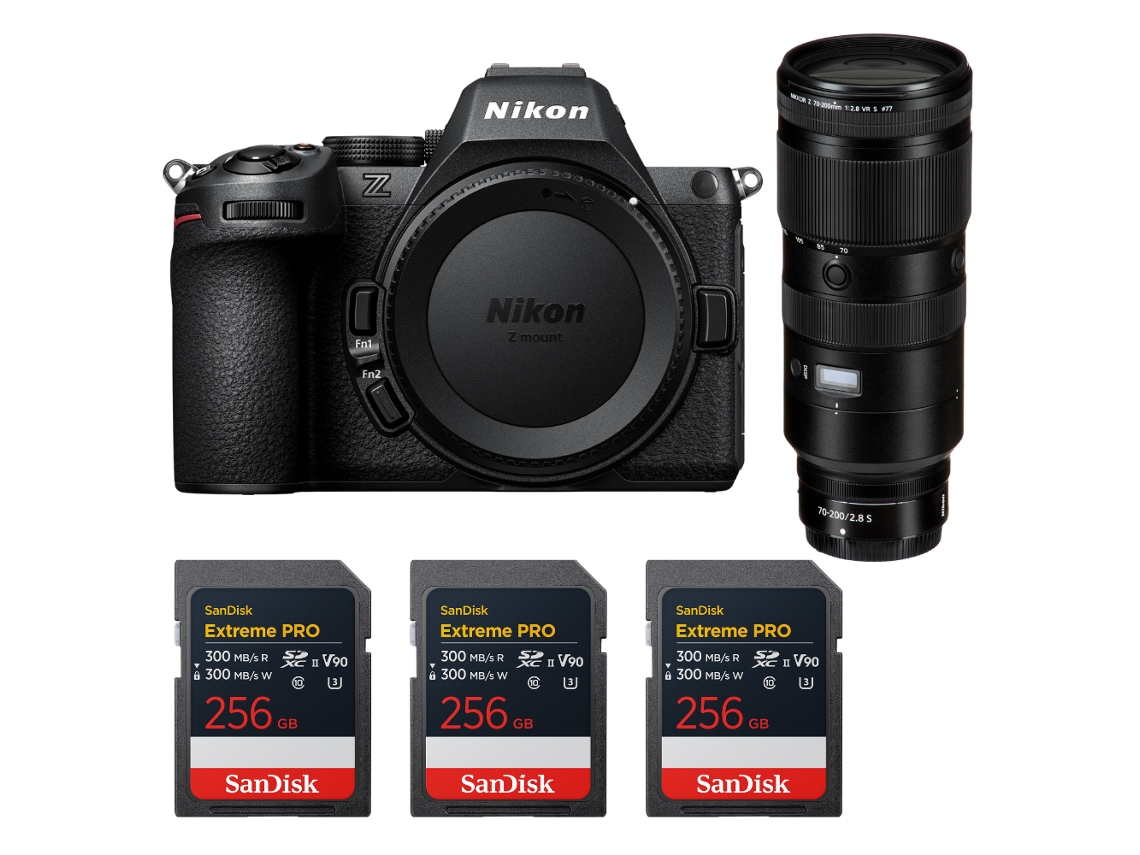 Nikon Z5 II + 70 200mm F/2.8 VR S + 3 tarjetas Sandisk Extreme Pro UHS II SDXC de 256 GB + Libro electrónico “20 consejos para fotos impresionantes”