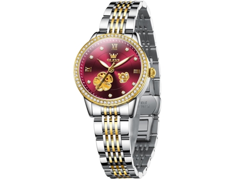 VEANXIN Reloj luminoso impermeable con fase lunar Tourbillon de diamantes automático para mujer(rojo)