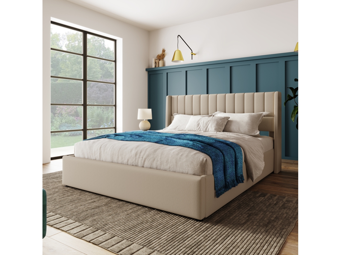 Cama De Matrimonio 160x200cm, Tapizada, Para Adolescentes Y Adultos, Sistema De Elevación Hidráulico, Somier De Láminas, Lino, Beige