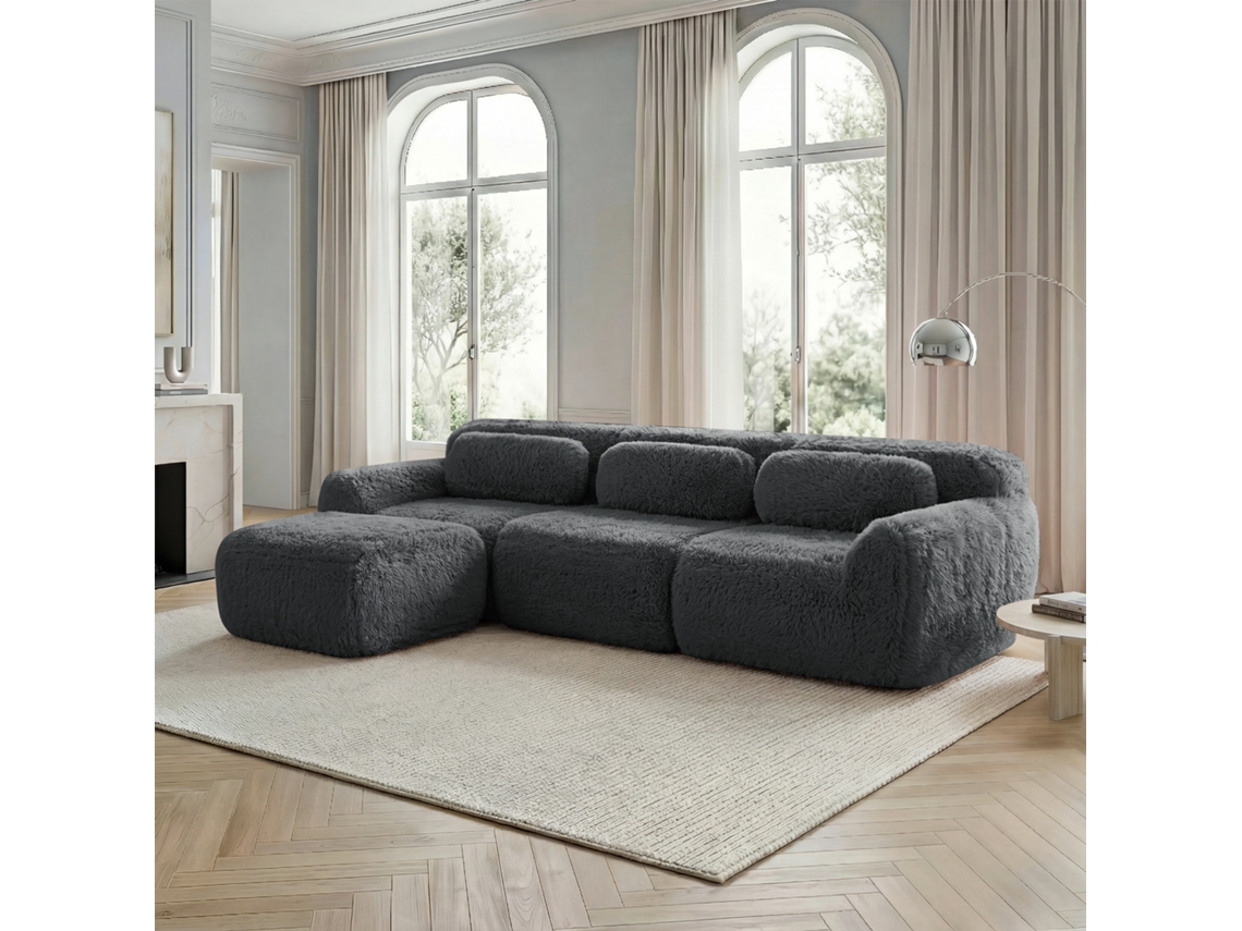Sofá Modular L 3 Plazas - Plüschstoff, Sin Montaje, Con Cojines, Antideslizante - Gris