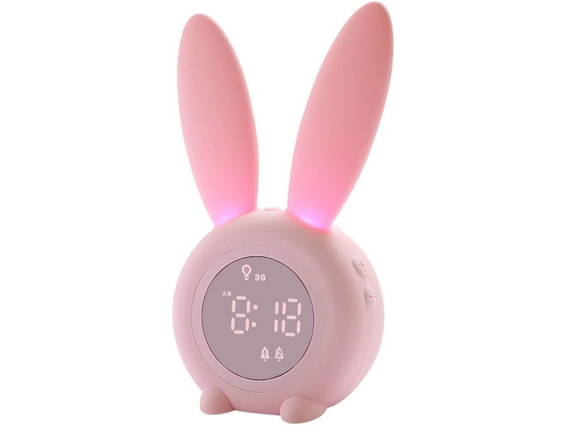 2026-reloj Despertador Niños, Luz Nocturna Conejo, 6 Tonos, Temp Calendario, Tactil, Batería Recargable 2000mah (rosa)
