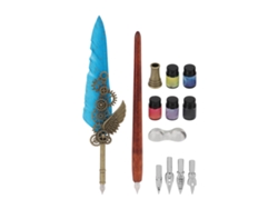 Elegante Juego De Pluma De Ave De Estilo Vintage Retro Con Plumillas De Acero Inoxidable Y Tinta Azul Laguna.