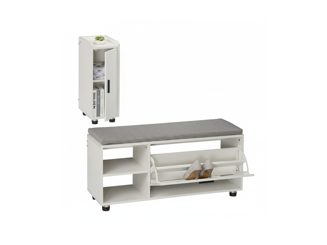 Relaxdays Banco Zapatero Con Asiento Y Armario, Set 2, Banqueta De Pasillo, Dormitorio, Espacio Almacenaje, Blanco/gris