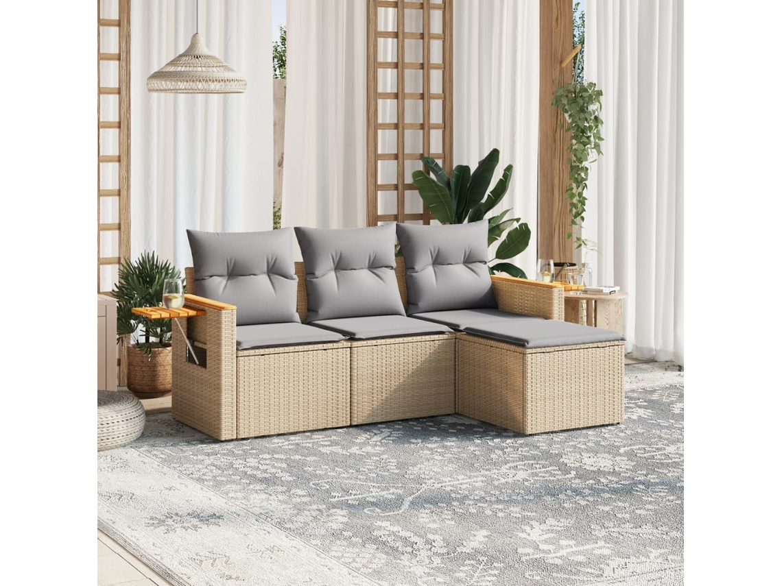 Conjunto de sofá de jardín de 4 piezas con cojines de ratán sintético beige Lovely Home