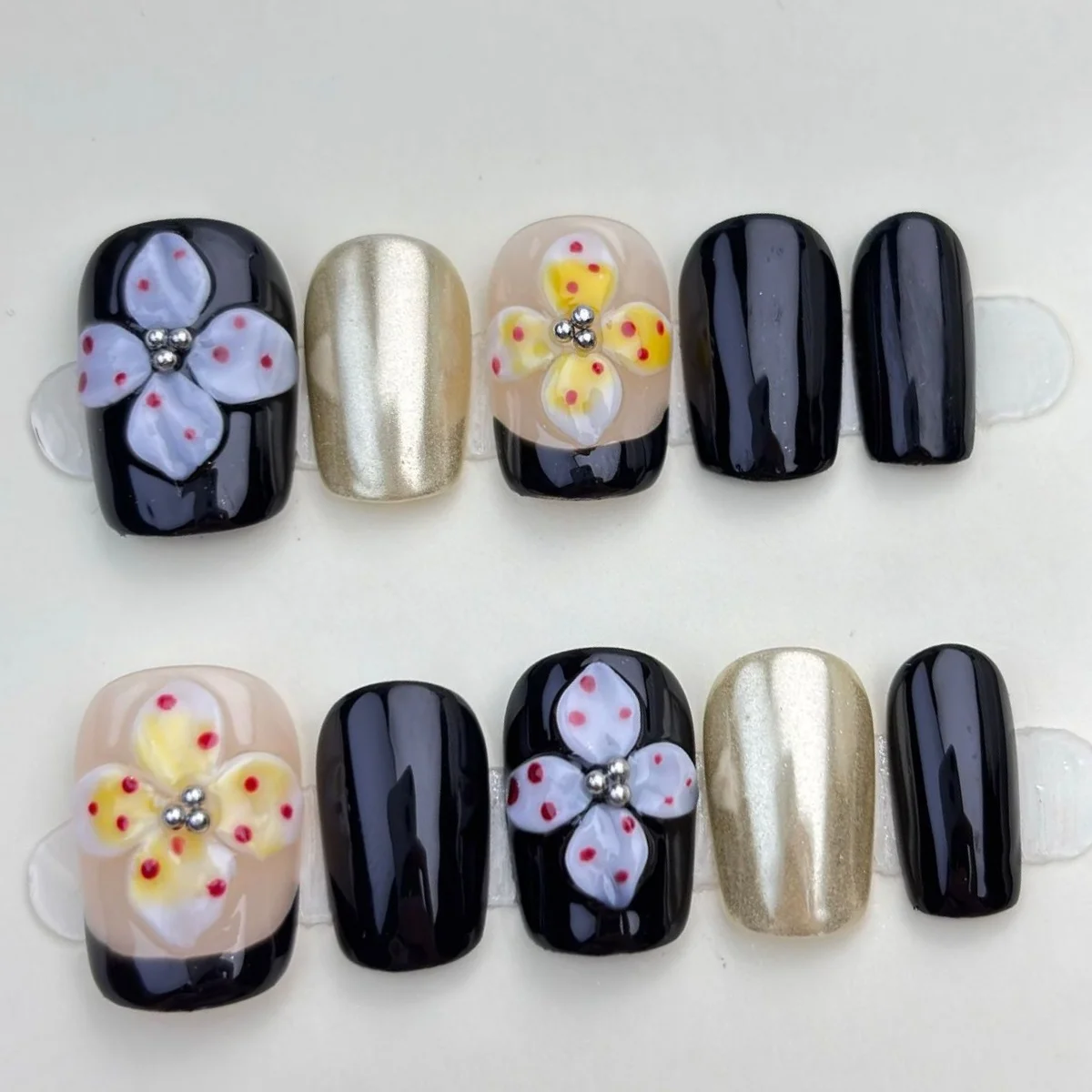 (b284-m) Paquete De 10 Pegatinas De Uñas Postizas Hechas A Mano, Uñas Postizas De Presión Con Diseño De Flor De Cerezo