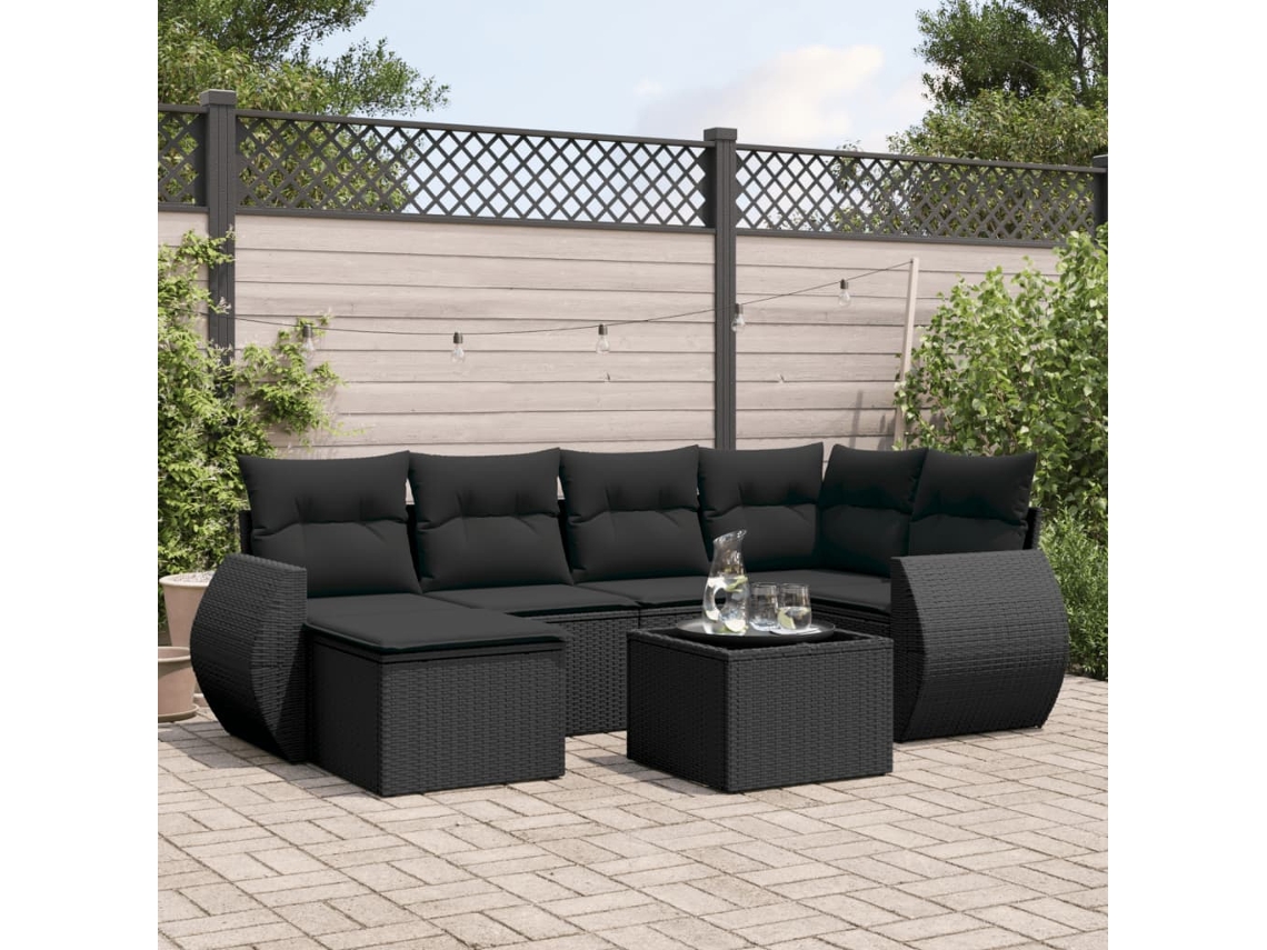 Conjunto de sofá de jardín de 7 piezas con cojines, ratán negro, Dkd Home Decor